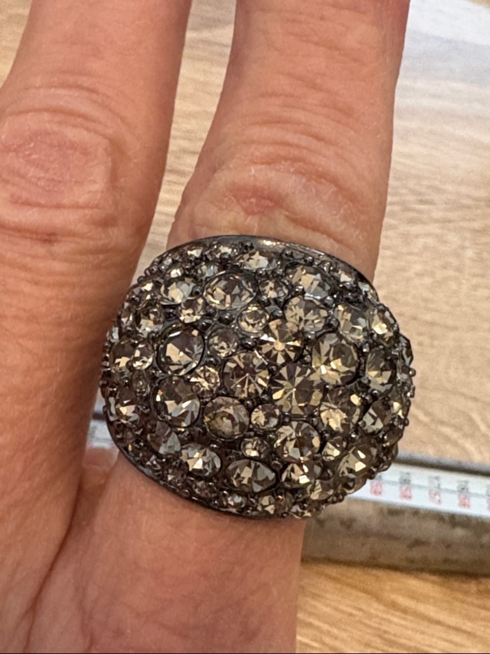 Vintage Brilliant Pavé Crystal Dome Ring - gun metal tone